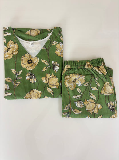 Olive Green - Floral Print Peplum Top with Palazzo Set