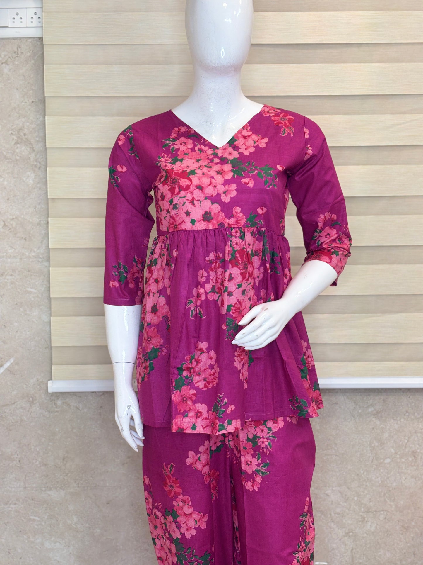 Pink Blossom Peplum Top with Palazzo Pants Set