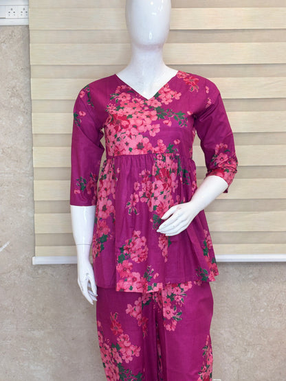 Pink Blossom Peplum Top with Palazzo Pants Set