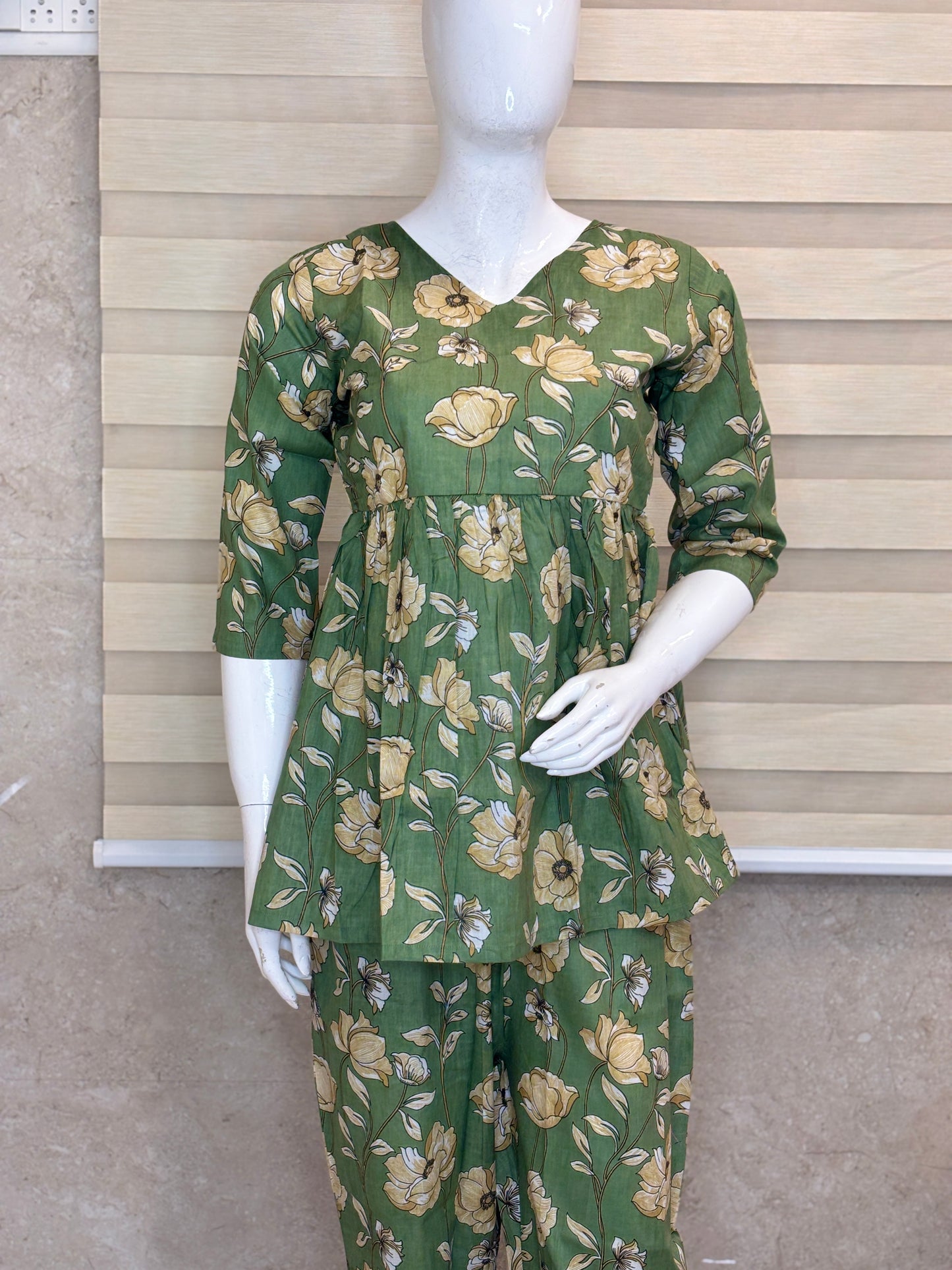 Olive Green - Floral Print Peplum Top with Palazzo Set