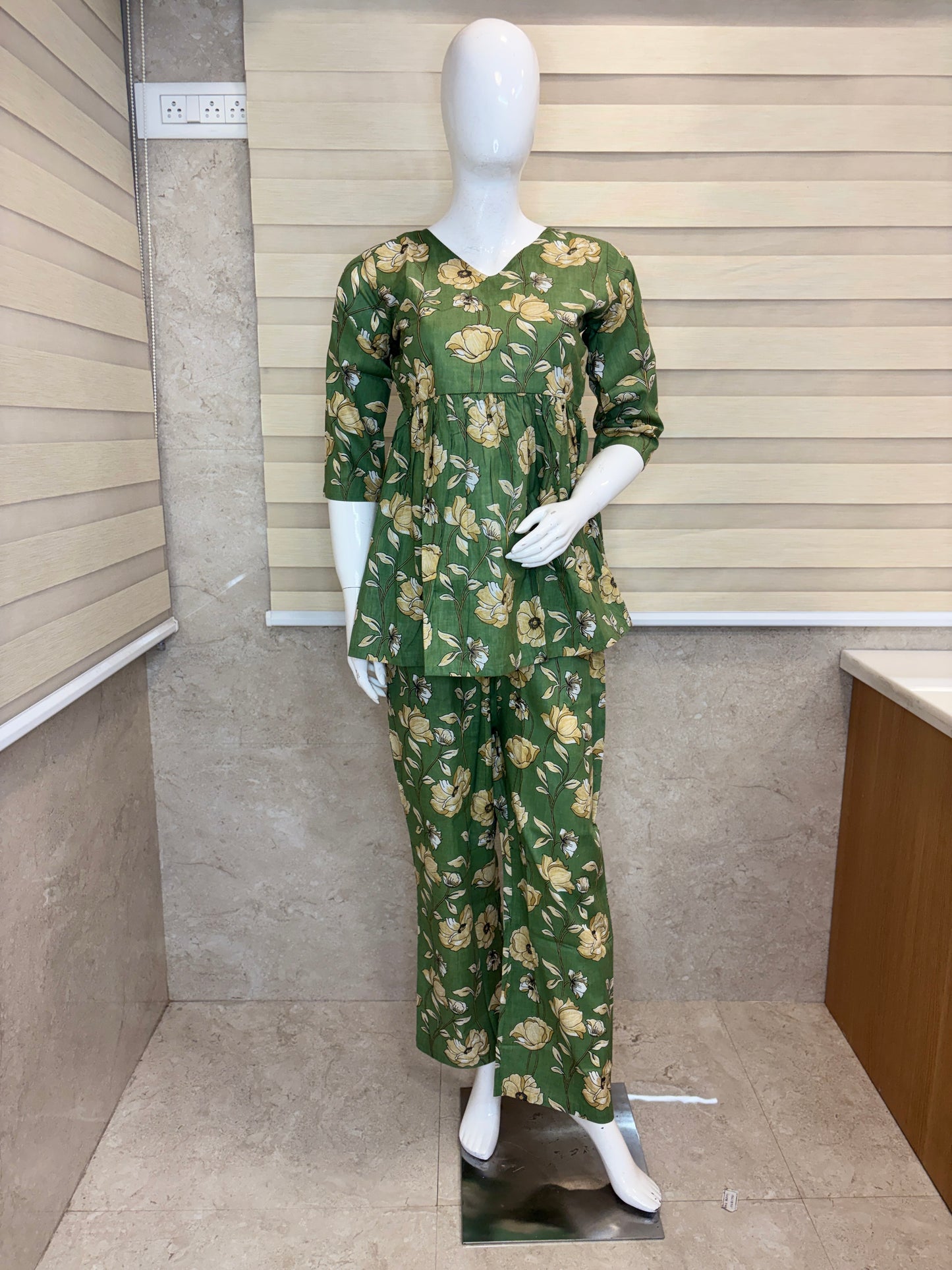 Olive Green - Floral Print Peplum Top with Palazzo Set