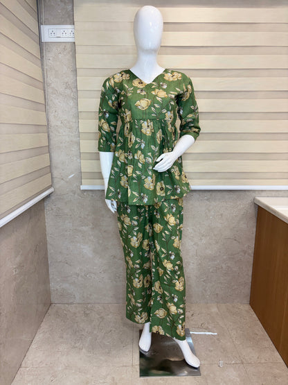 Olive Green - Floral Print Peplum Top with Palazzo Set