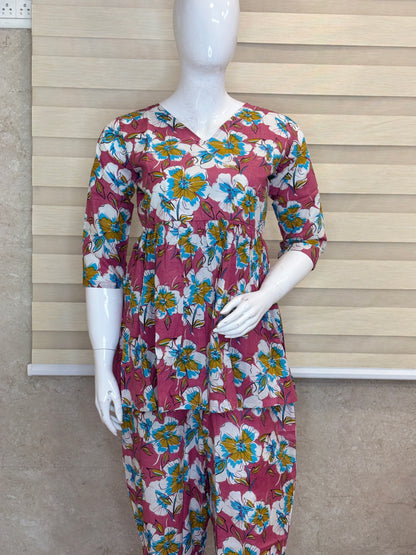 Pink bloom Peplum top with palazoo pant set