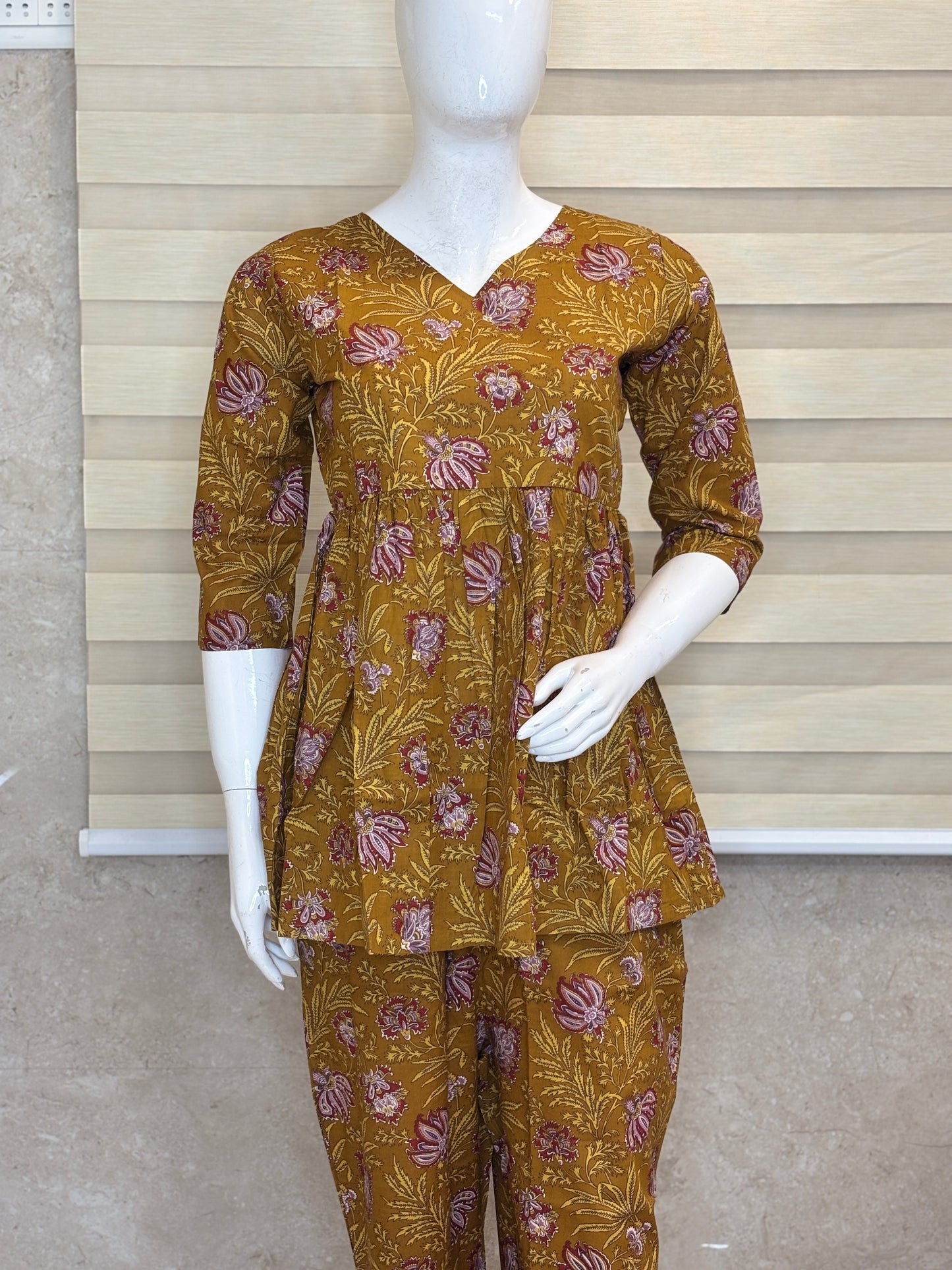 Elegant mustard vintage floral peplum top with palazoo set