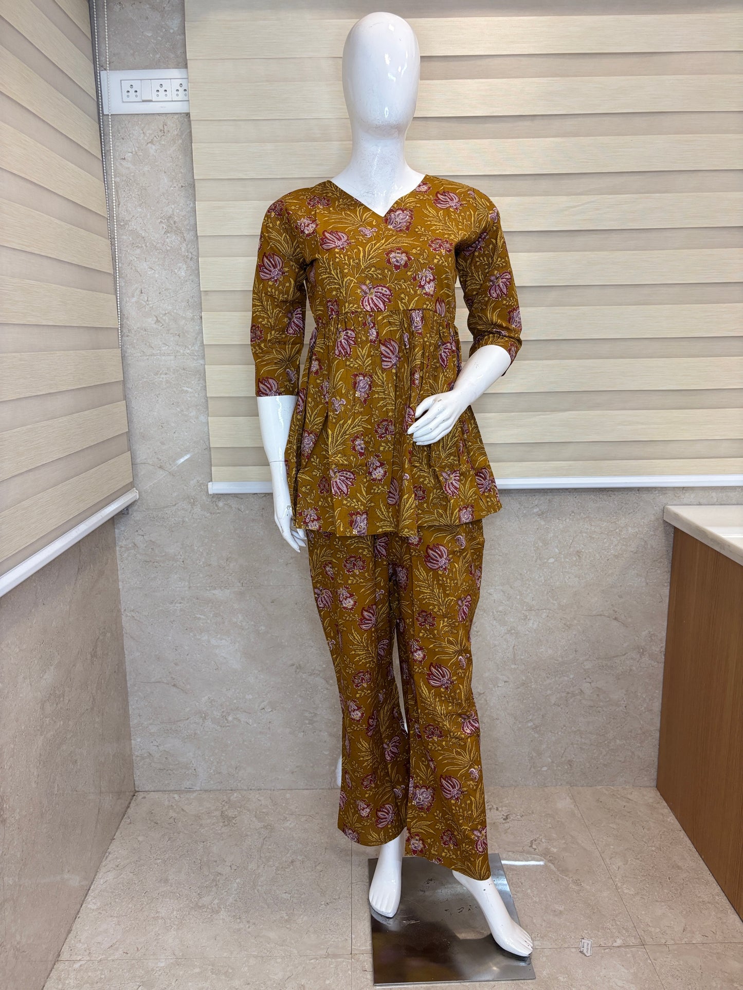 Elegant mustard vintage floral peplum top with palazoo set