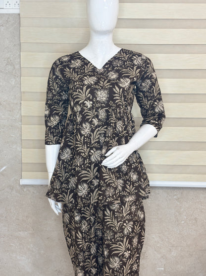 Coffee bean botanical print peplum top with palazoo set