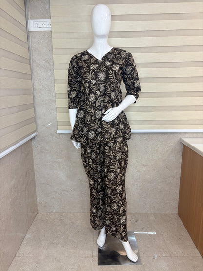 Coffee bean botanical print peplum top with palazoo set