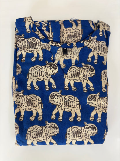 Kalamkari printed cotton frocks Royal Blue elephant print