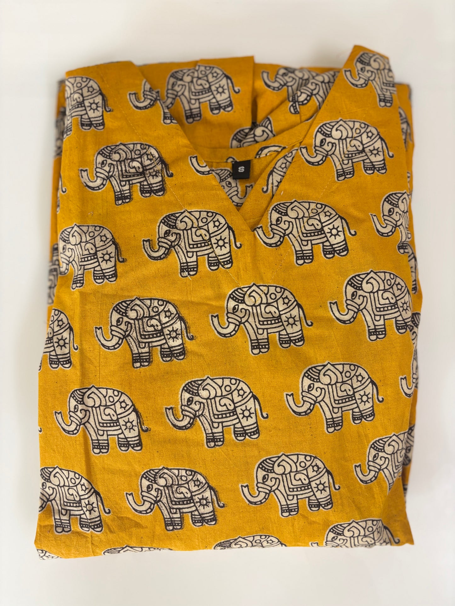 Kalamkari printed Cotton frocks Mustard elephant print