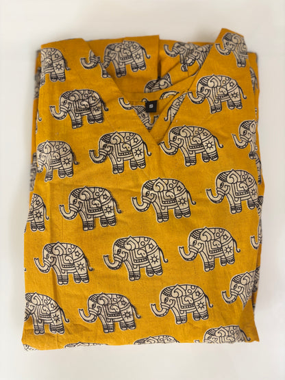 Kalamkari printed Cotton frocks Mustard elephant print