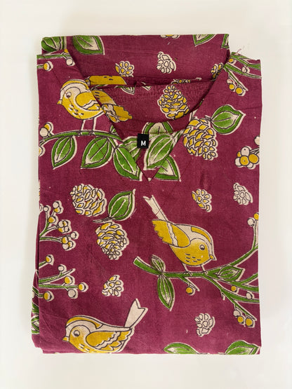Kalamkari printed cotton frocks wine botanical print