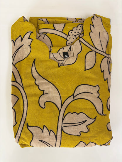 Kalamkari printed cotton frocks elegant mustard floral print