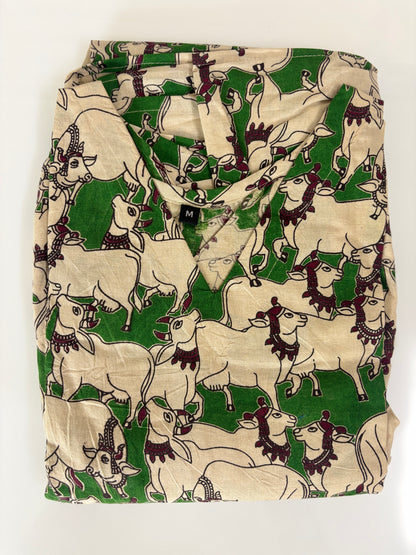 Kalamkari printed cotton frocks beige and green abstract print