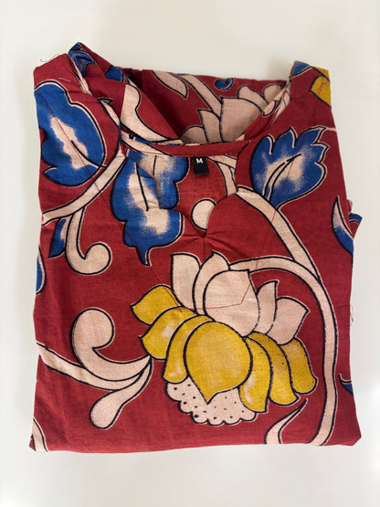 Kalamkari printed cotton frocks maroon with yellow lotus print