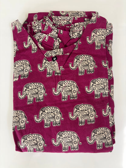Kalamkari printed cotton frocks rich magenta elephant print