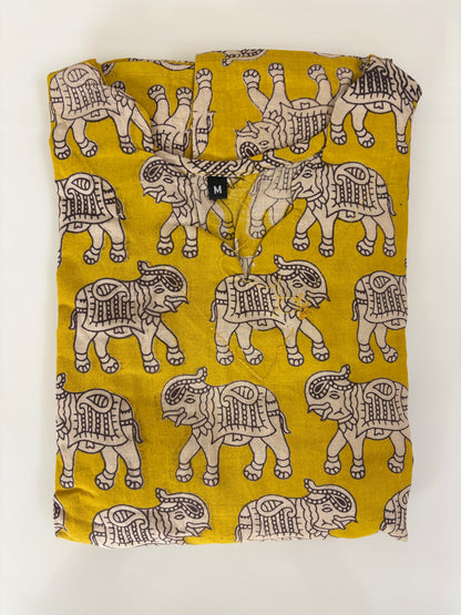 Kalamkari printed cotton frocks yellow elephant print