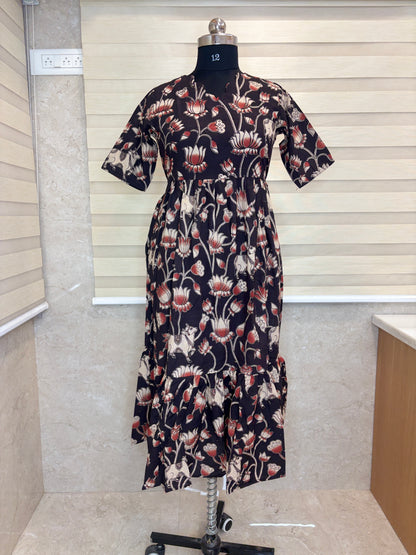 Kalamkari printed cotton frocks khaki elegant floral print