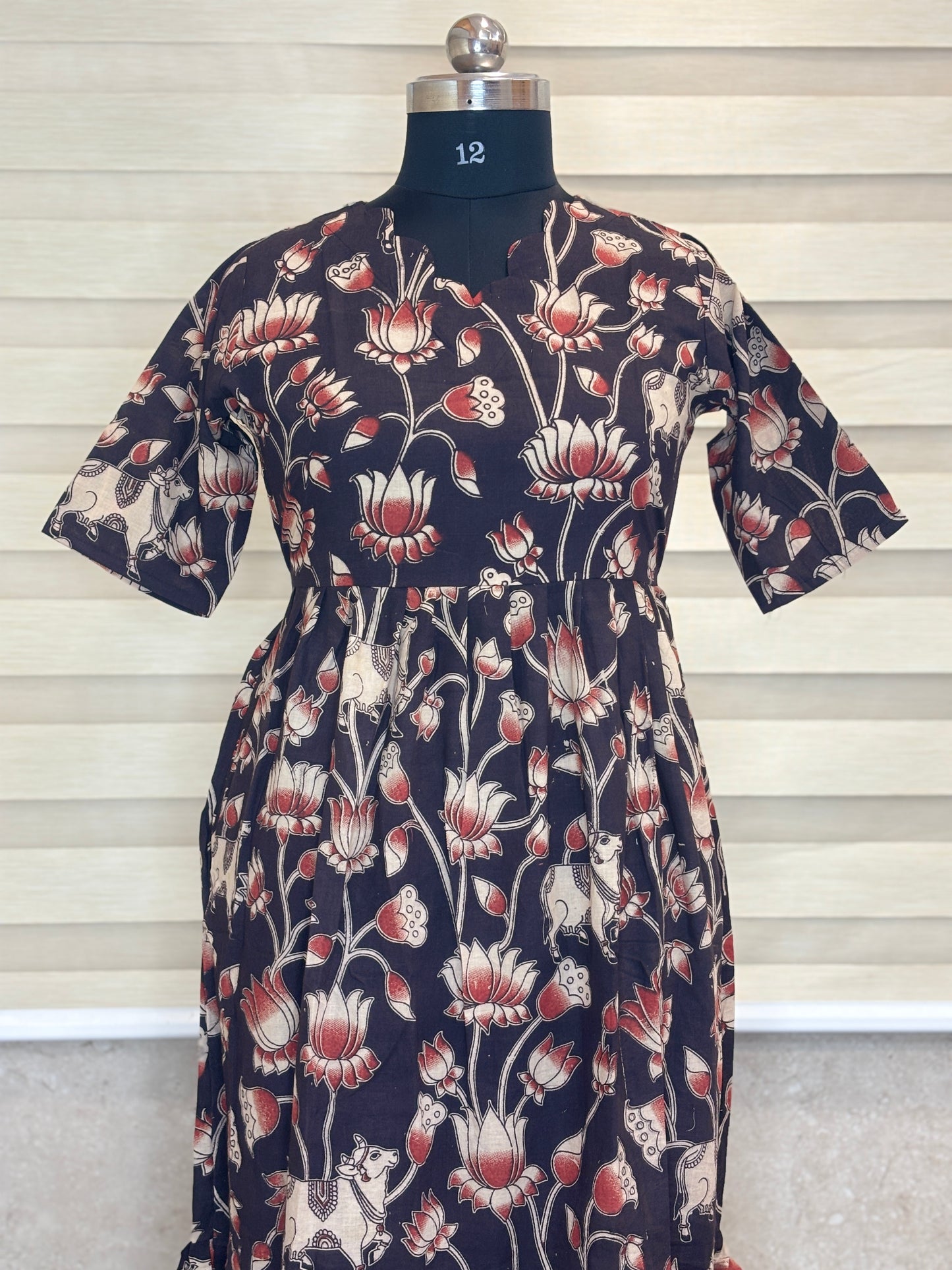 Kalamkari printed cotton frocks khaki elegant floral print