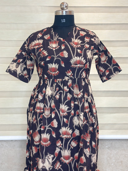 Kalamkari printed cotton frocks khaki elegant floral print
