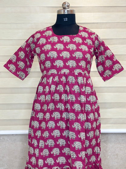 Kalamkari printed cotton frocks rich magenta elephant print