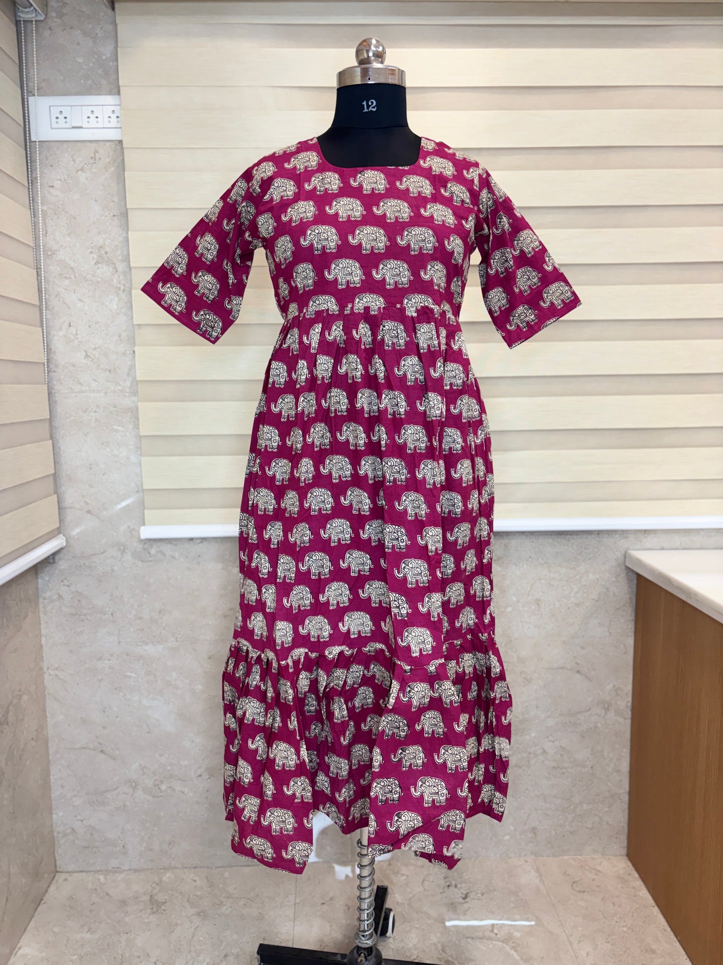 Kalamkari printed cotton frocks rich magenta elephant print
