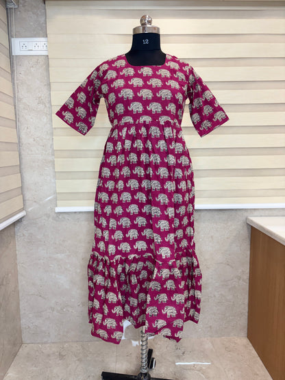 Kalamkari printed cotton frocks rich magenta elephant print
