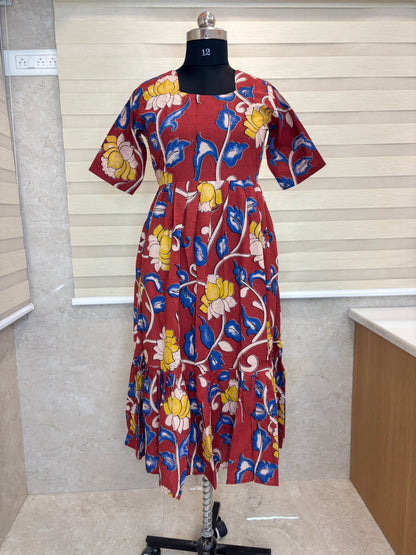 Kalamkari printed cotton frocks maroon with yellow lotus print