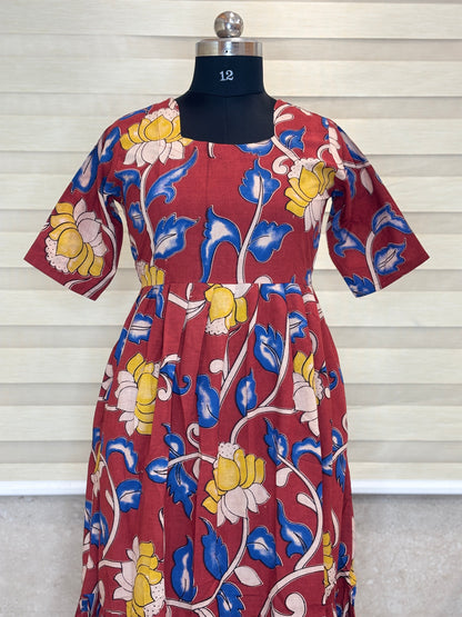Kalamkari printed cotton frocks maroon with yellow lotus print