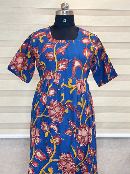Kalamkari printed cotton frocks vibrant blue with red floral print