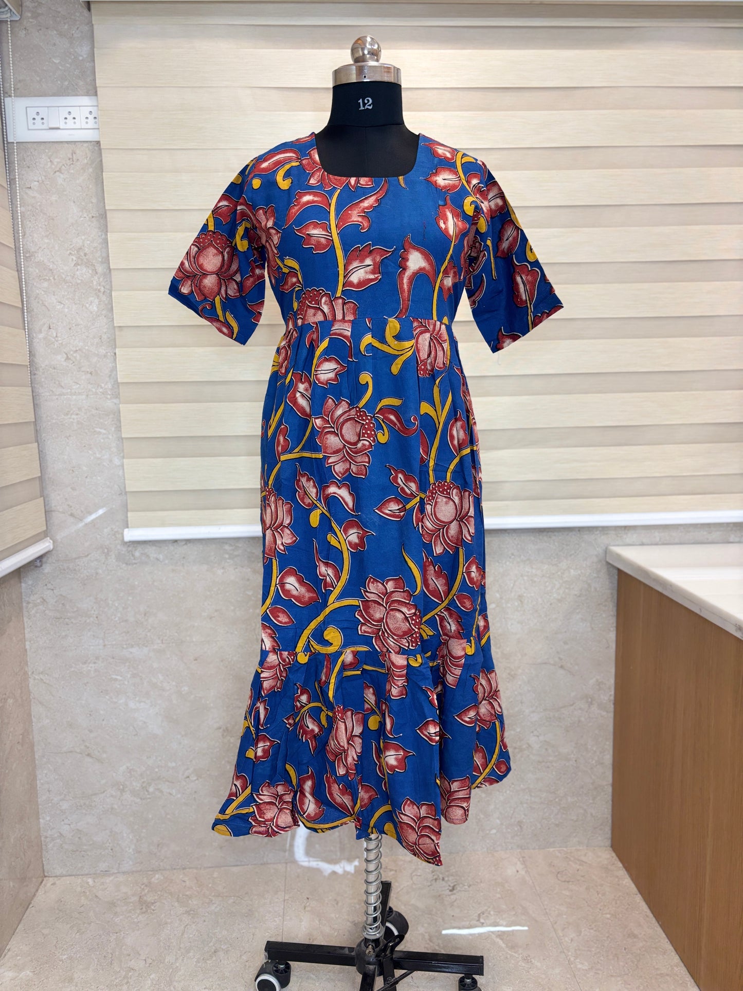 Kalamkari printed cotton frocks vibrant blue with red floral print