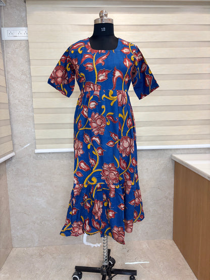 Kalamkari printed cotton frocks vibrant blue with red floral print