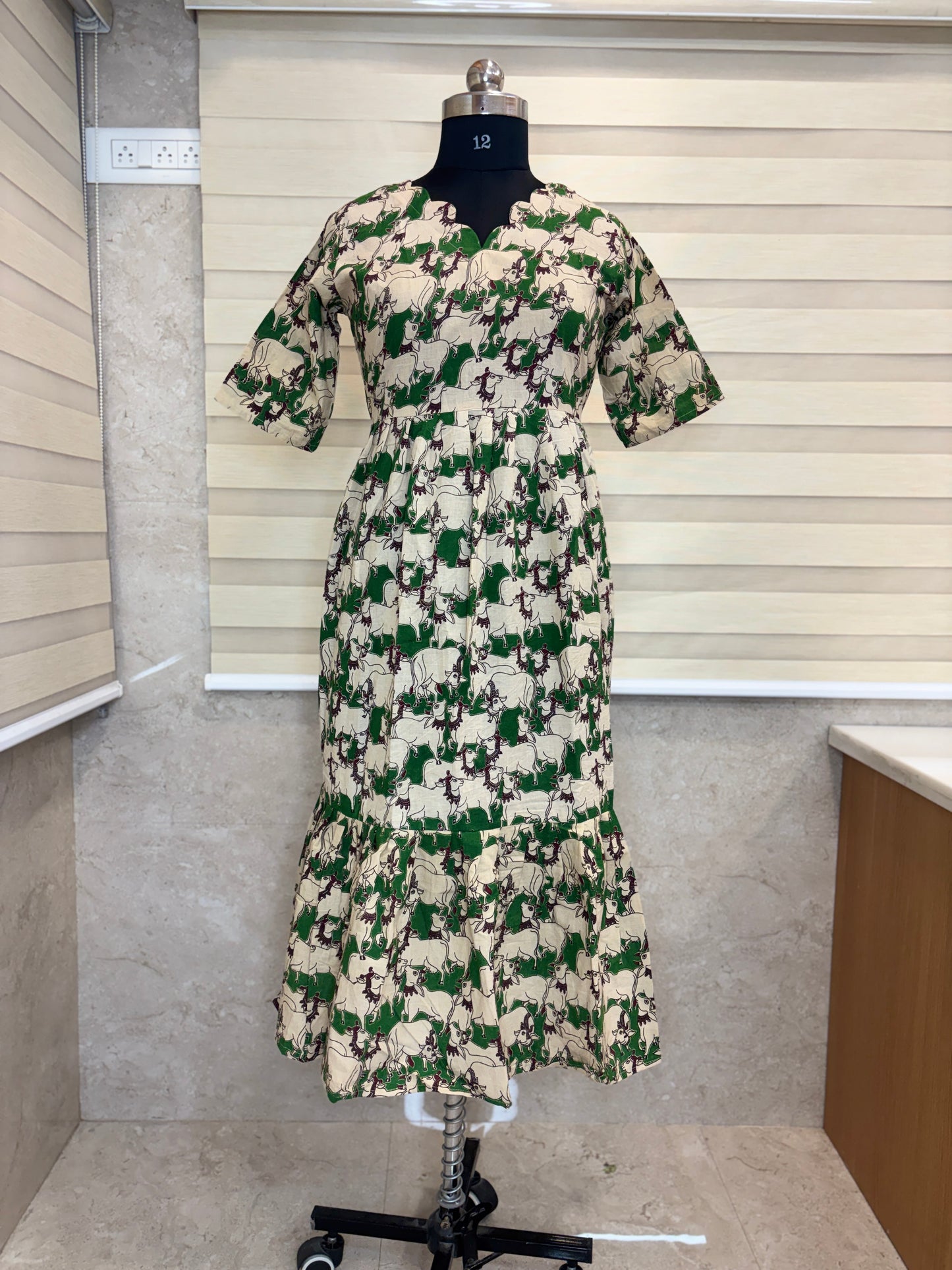 Kalamkari printed cotton frocks beige and green abstract print