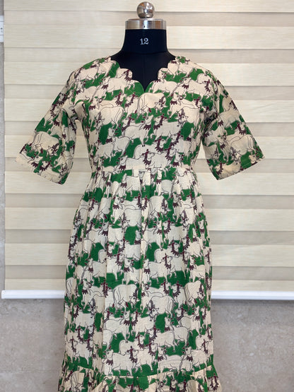 Kalamkari printed cotton frocks beige and green abstract print