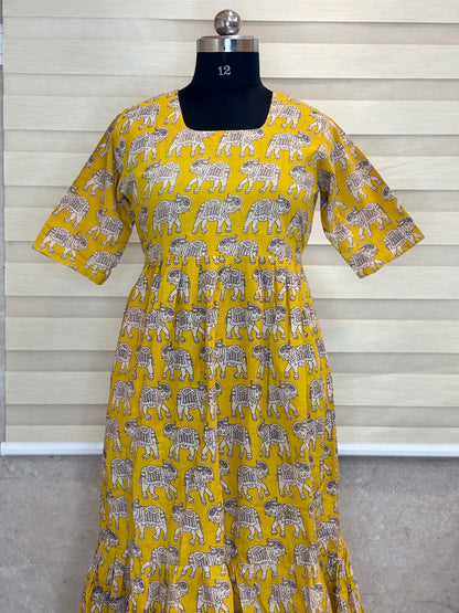 Kalamkari printed cotton frocks yellow elephant print