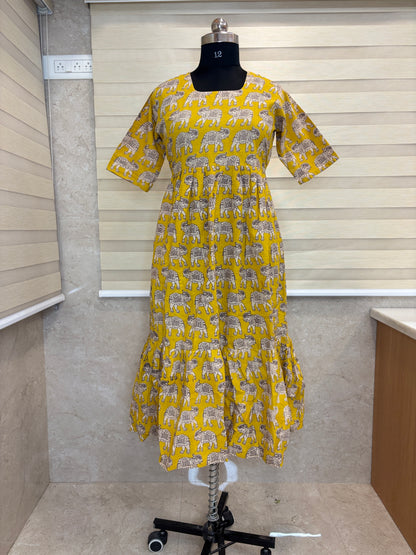 Kalamkari printed cotton frocks yellow elephant print