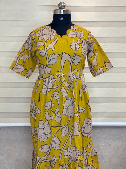 Kalamkari printed cotton frocks elegant mustard floral print