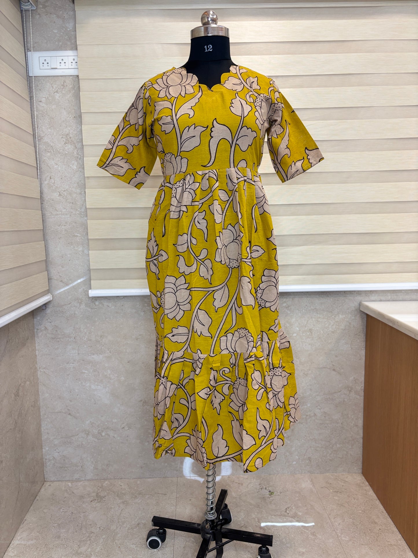 Kalamkari printed cotton frocks elegant mustard floral print