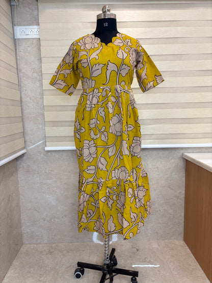 Kalamkari printed cotton frocks elegant mustard floral print