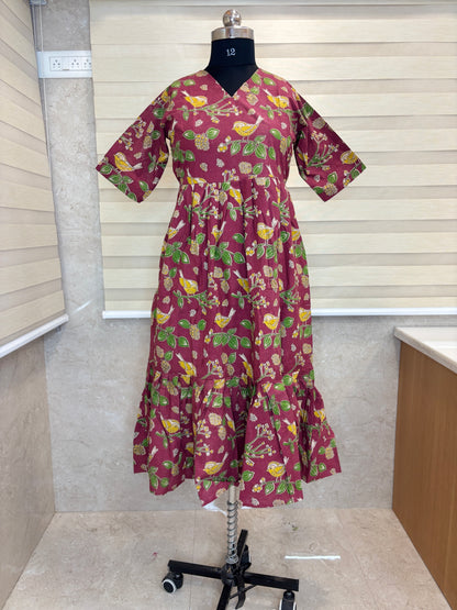 Kalamkari printed cotton frocks wine botanical print