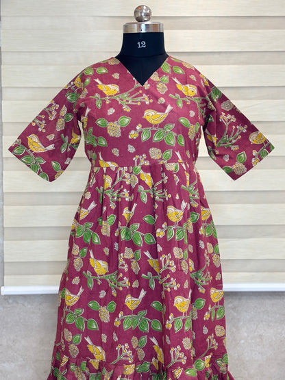Kalamkari printed cotton frocks wine botanical print