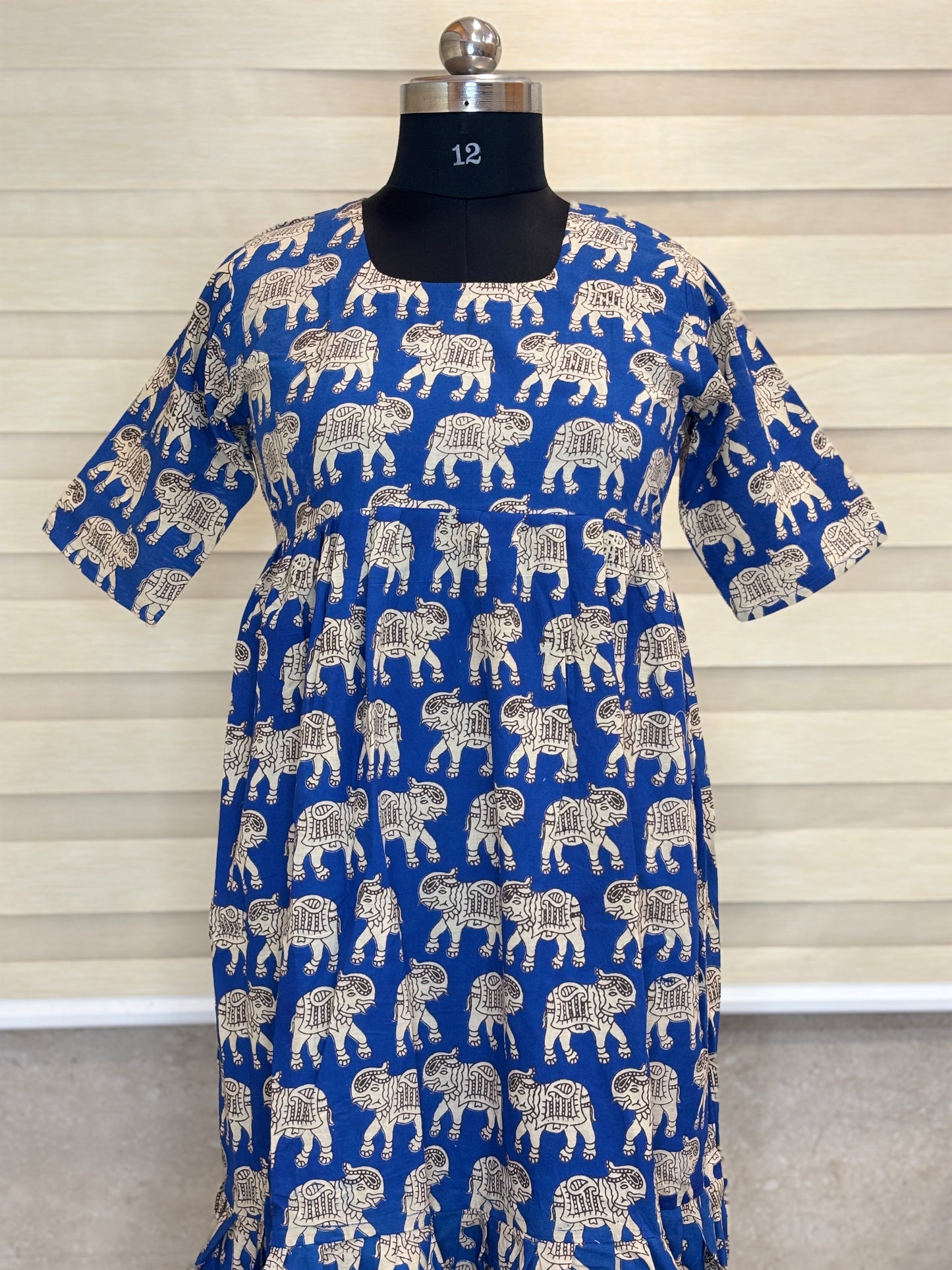 Kalamkari printed cotton frocks Royal Blue elephant print