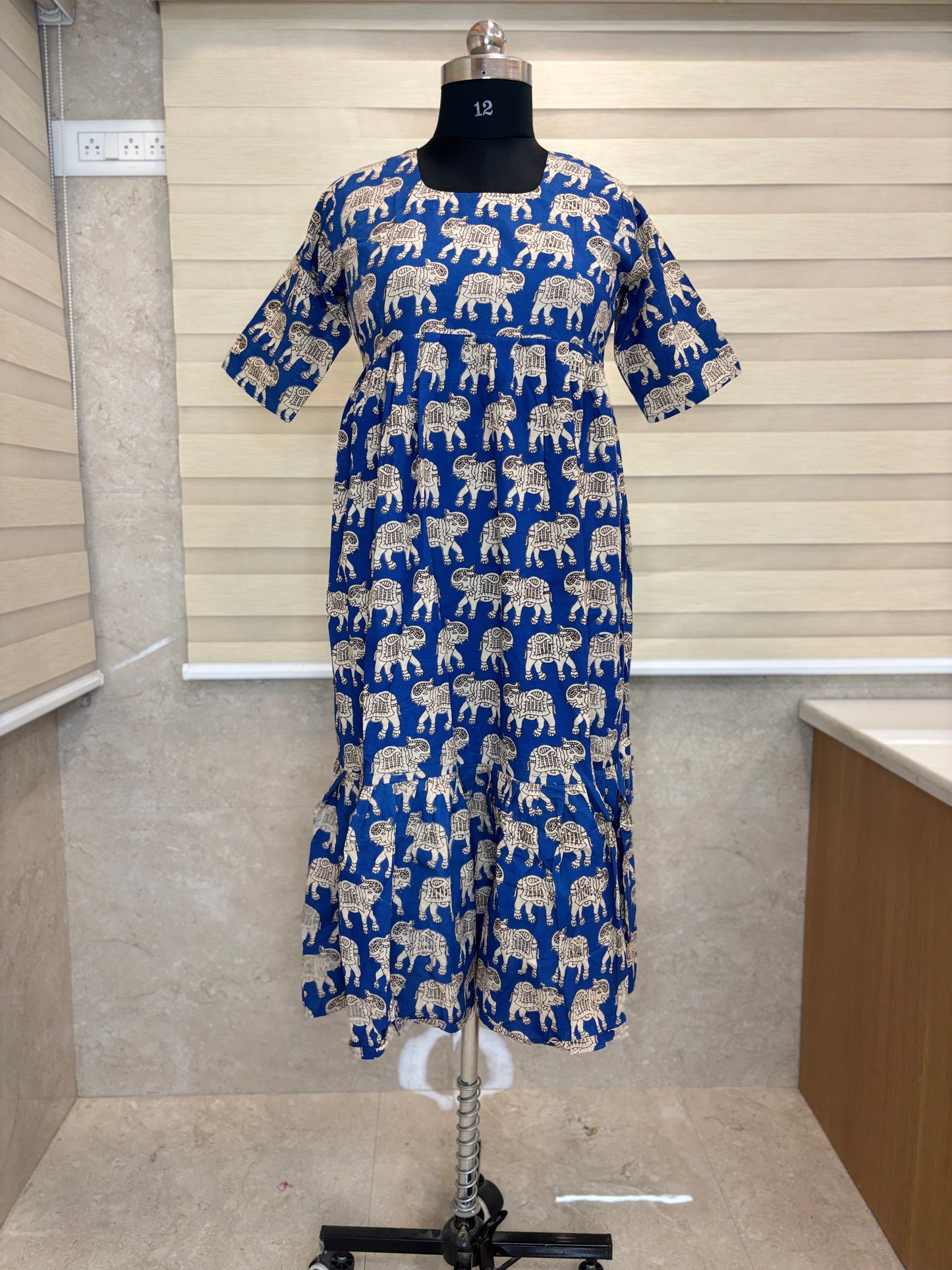 Kalamkari printed cotton frocks Royal Blue elephant print