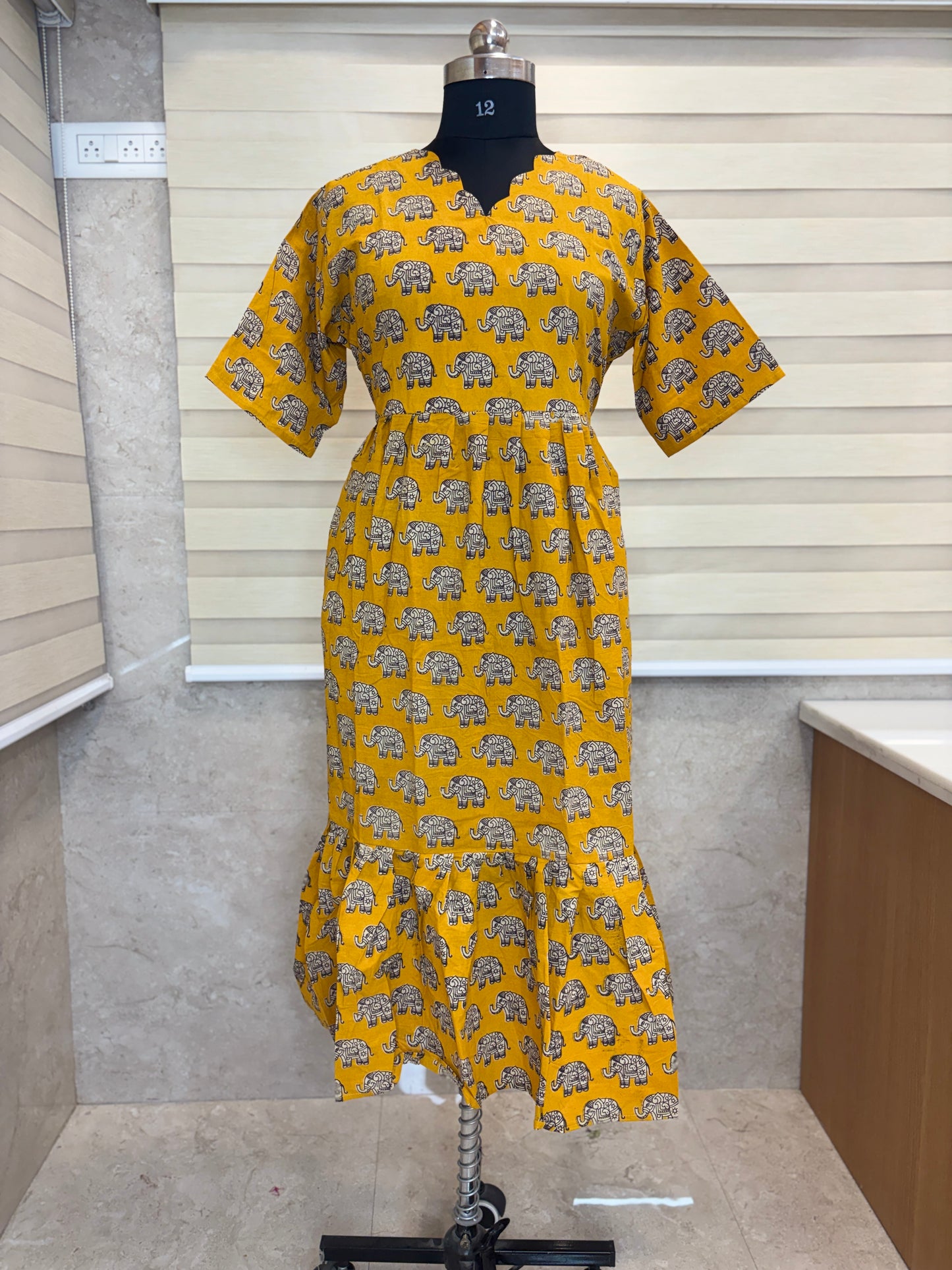 Kalamkari printed Cotton frocks Mustard elephant print