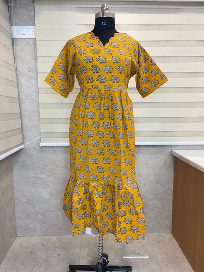 Kalamkari printed Cotton frocks Mustard elephant print