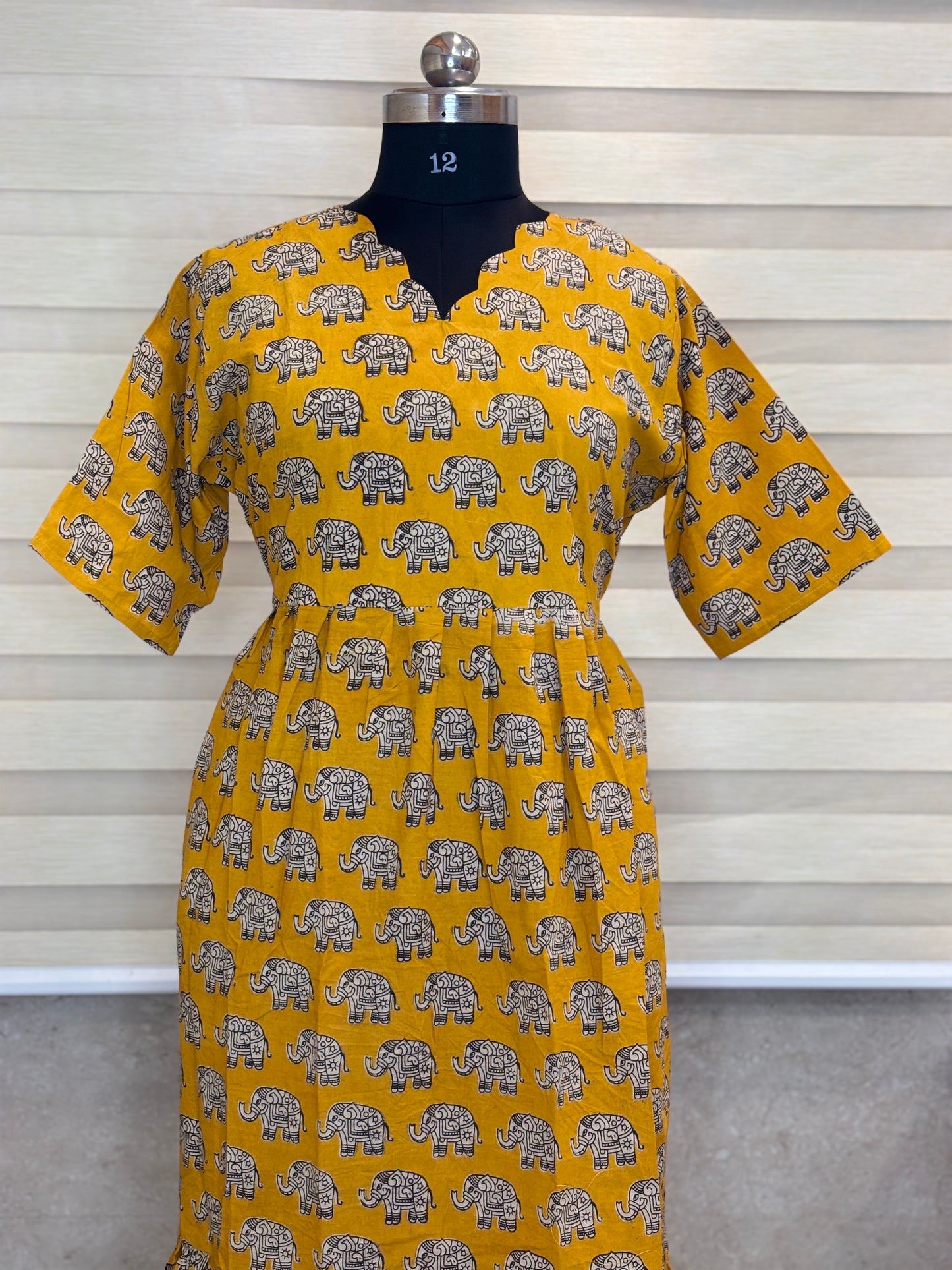 Kalamkari printed Cotton frocks Mustard elephant print