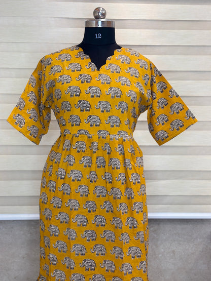 Kalamkari printed Cotton frocks Mustard elephant print