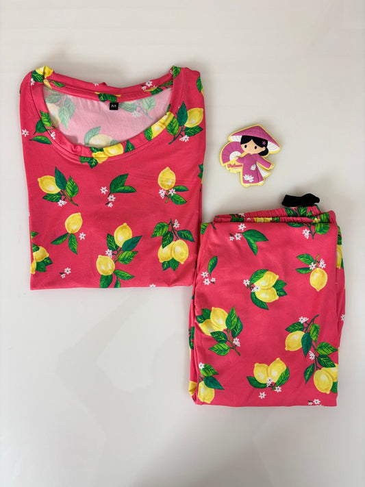 Spun Cotton Fabric Red with Lemons Printed T-shirt and Palazzo Set