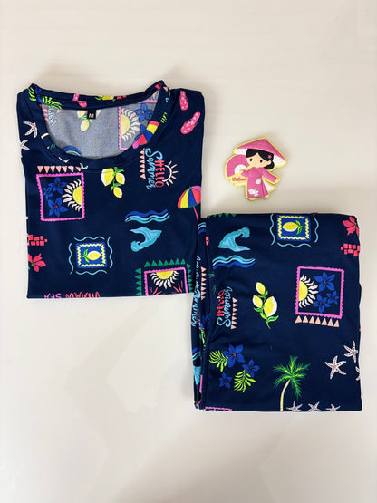 Spun Cotton Fabric Navy Blue with Objects Printed T-shirt and Palazzo Set