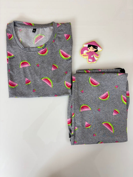 Spun Cotton Fabric Heather Gray Watermelon Printed T-shirt and Palazzo Set