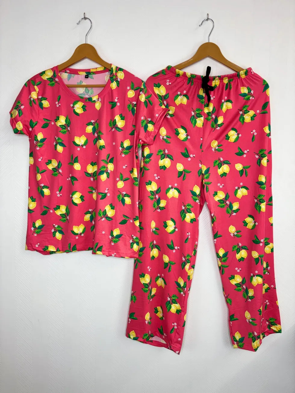 Spun Cotton Fabric Red with Lemons Printed T-shirt and Palazzo Set